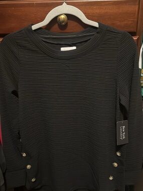 New York & Company Black Ribbed Long Sleeve Top with Side Button Detail